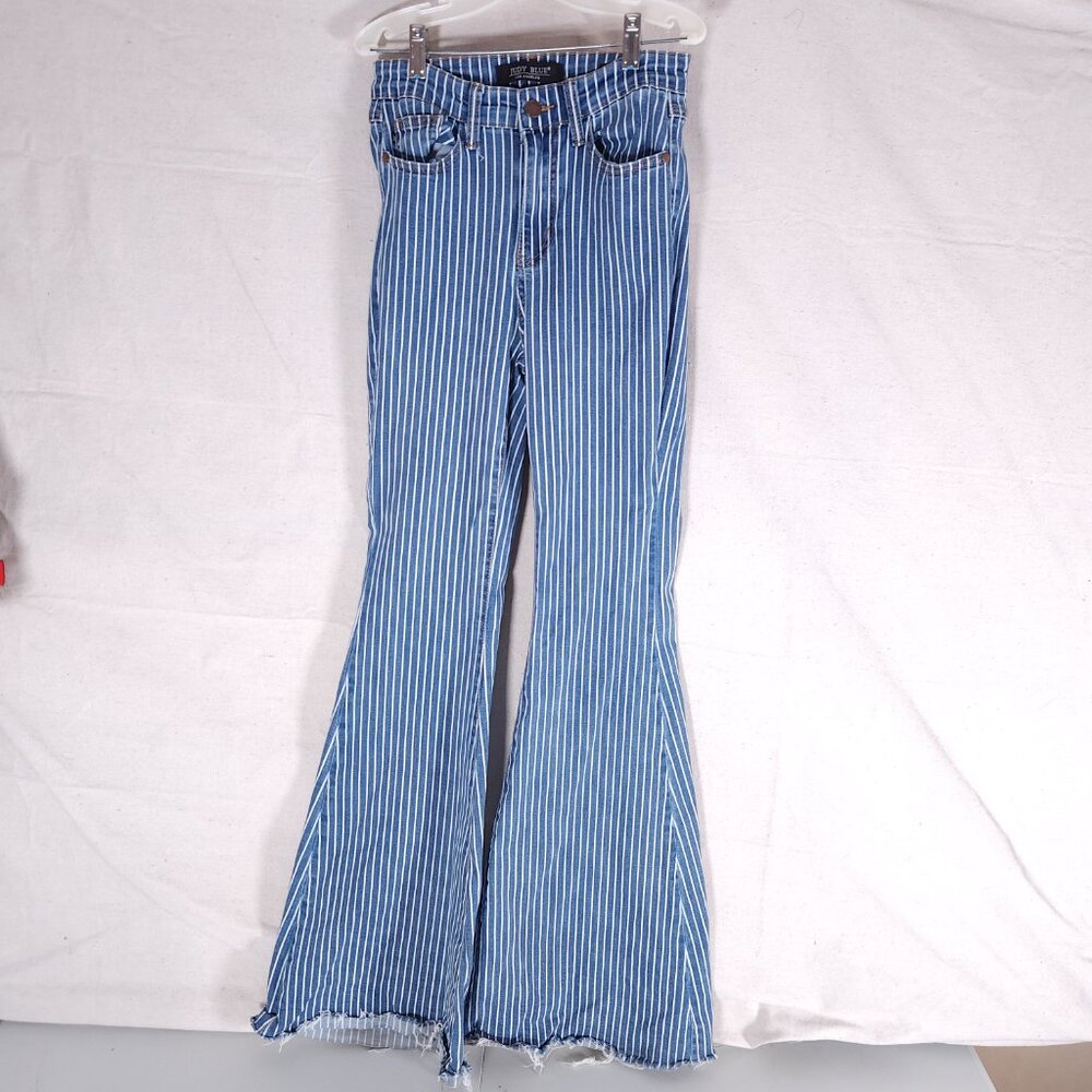 Judy Blue Super Flare Railroad Stripe Jeans Womens 26 High Rise Raw Hem FLAWS